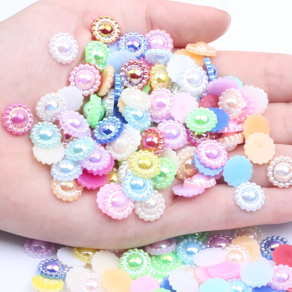 

Half Round Pearls 12mm 100/1000pcs Sunflower Many AB Color Imitation Glue On Resin Beads Appliques For Wedding Dress Decoration