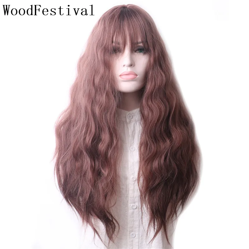 

WoodFestival Female Cosplay Wigs For Women Synthetic Hair Curly Wig With Bangs Korean Long Black Brown Grey 26Inches