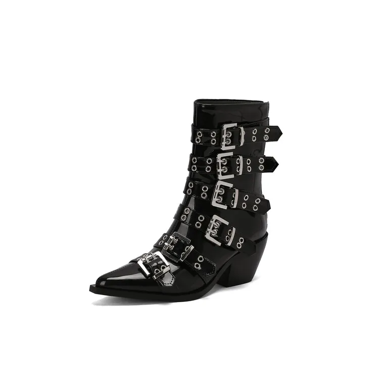 European and American New High Heel Belt Buckle Women\'s Knight Boots Pointed Zipper Punk Style 35-46 Large Short Boots