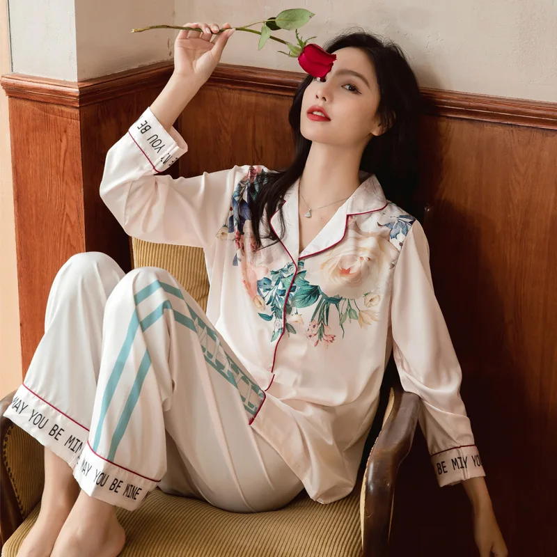 

Легкий шелковый комплект пижам с длинными рукавами для молодых девушек, домашняя одежда во французском стиле, удобная женская ночная одежда для сна