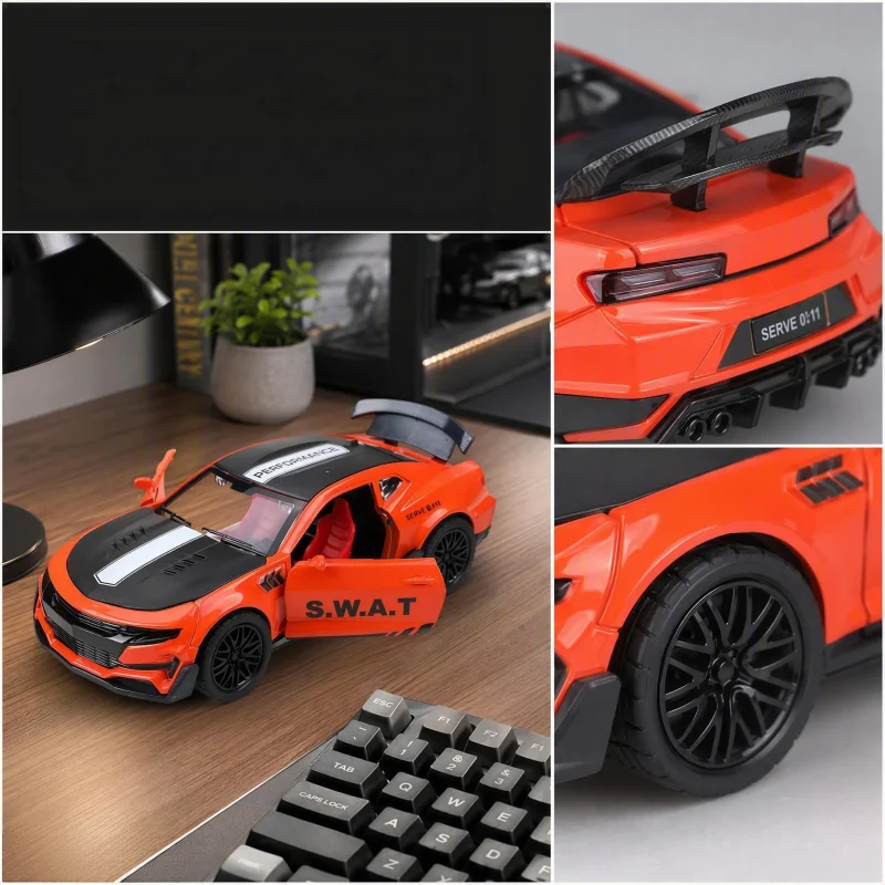 1:36 alloy car model, can pull back alloy sports car, with openable car door, large rear wing, collectible toy