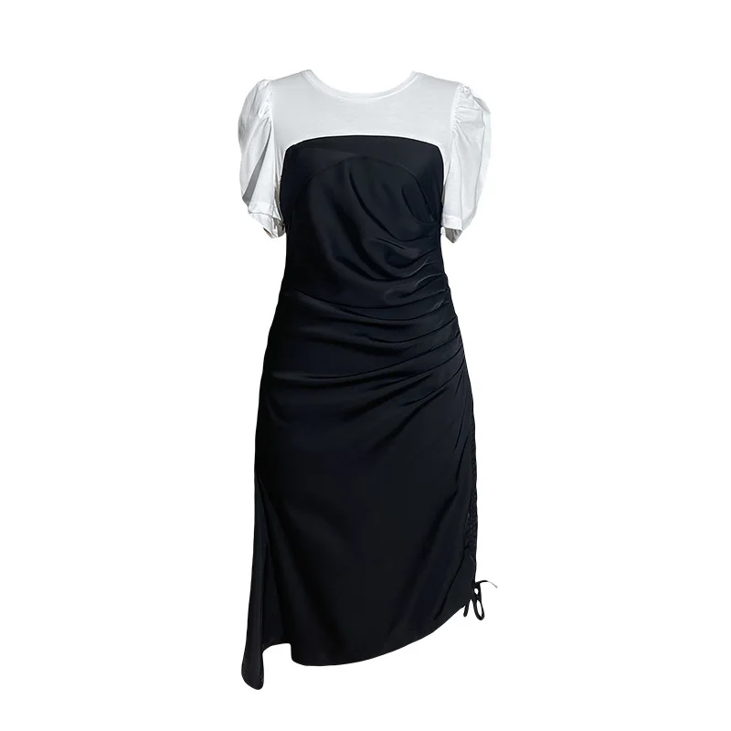 ملابس نسائية صيفية جديدة حمض الخليك الساتان الربط مطوي الخصر فستان نحيل كم قصير رجل صغير #5