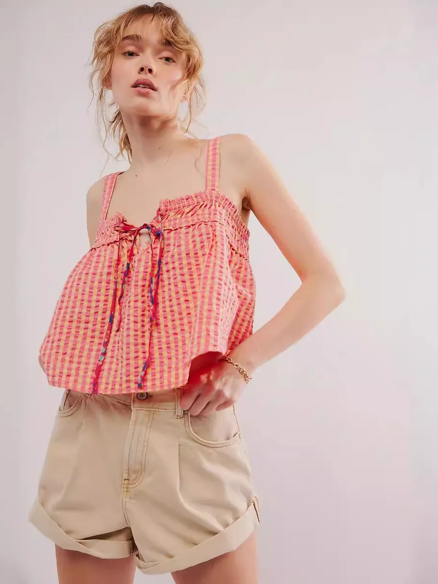 Summer 2025 Sexy Plaid Gored Paneling Women's Top European Sle Polyester Fiber Hot Spicy Crop Top for Ladies