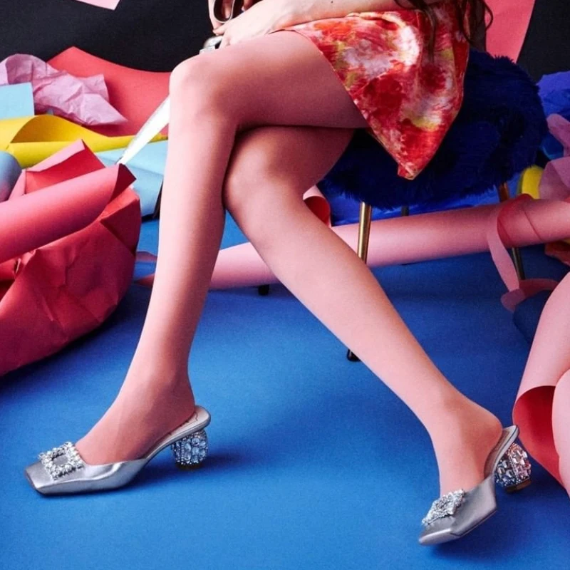 New Rhinestone  High Heels Women Slip-On Pumps Women Square Toe Party Crystal Dress Shoes Femmes Chaussures Zapatos De Mujer