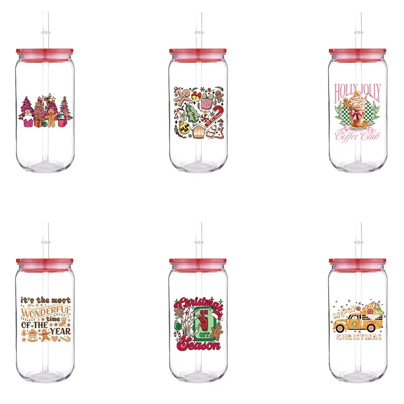 

Christmas 16oz Printed PET Cup With Straw Red Lid Christmas Trees Gingerbread Man Design Can Hold Milk Coffee juice