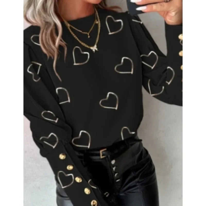 Autumn and winter fashionable printed long sleeved round neck button up shirt for women women tops