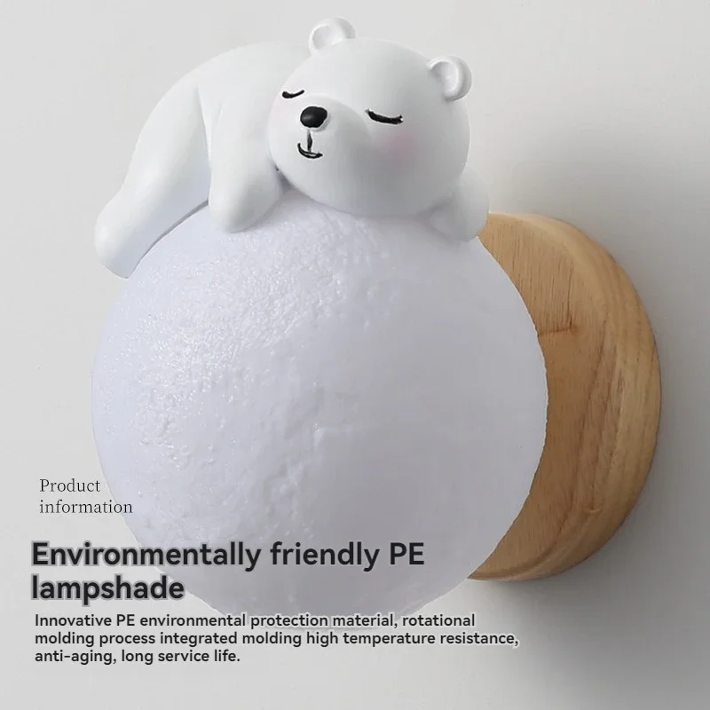 Bedside Wall Lamp Modern Creative Sleeping Bear Moon Bedroom Ambient Night Light Boys Girls Room Wall Lamps