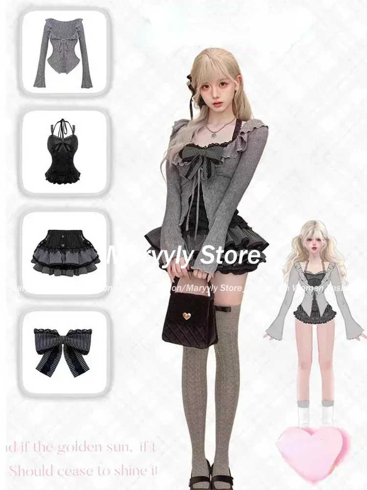 Autumn Japanese Sweet Lolita outfits 3 Piece Set Women Casual Knitted Cardigan+ Sexy Slim Lace  Vest Tops+ High Waist Cake Skirt