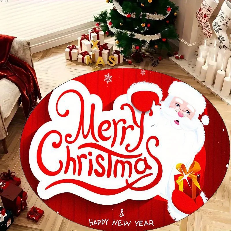 Christmas New Year Round Decorative Doormat Santa Firework Tree Star Candy Cane Floor Mat for Indoor Home Winter Holiday Decor