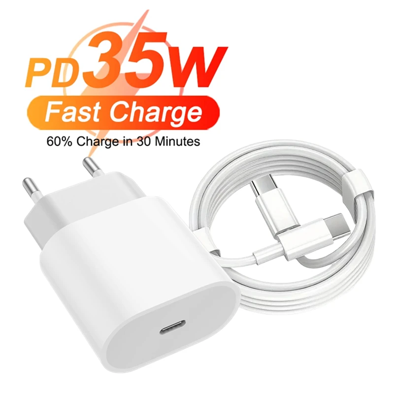 PD 35W USB C Fast Wall Charger For iPhone 15 Plus 16 Pro Max Samsung Pixel Huawei Honor Quick Charging Type C to Type C Cable 2m