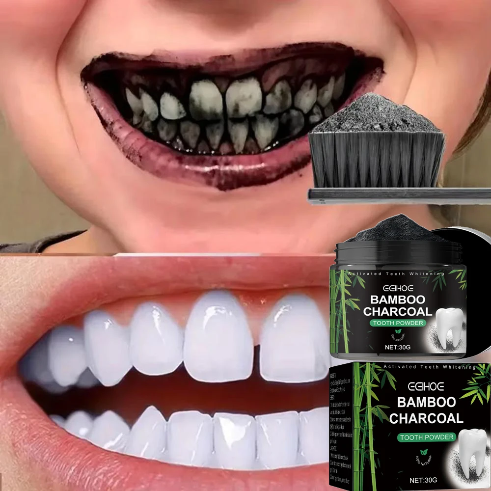 Aspersor negro en polvo de carbón de bambú: blanqueamiento natural y limpieza profunda para hombres y mujeres, dientes diarios para aliento fresco