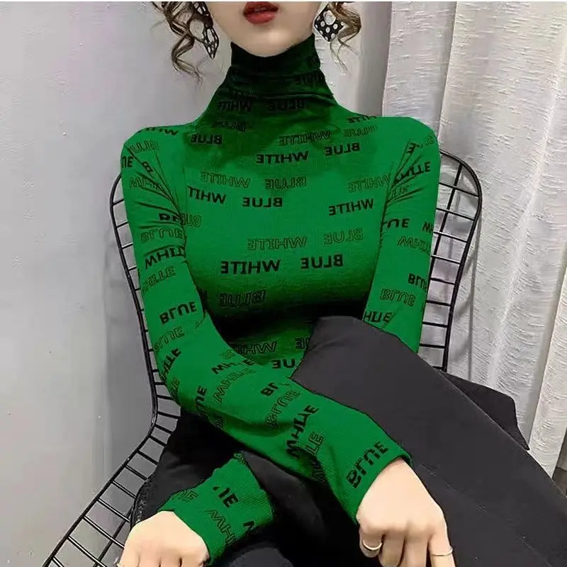 Women's Fashion Underlay Autumn and Winter New High Collar Printed Letter Long Sleeved Bodycon All-match Pullover T-shirt Tops