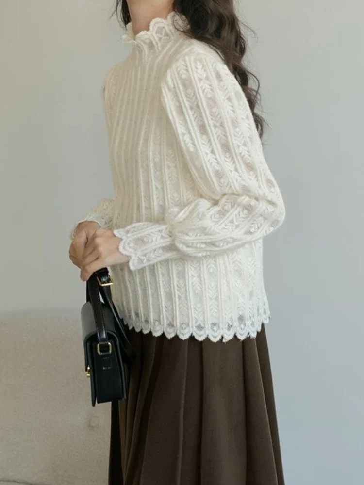 Renda manga longa camisetas femininas casual elegante sólido meia gola alta minimalista topos outono ropa mujer roupas senhoras elegantes