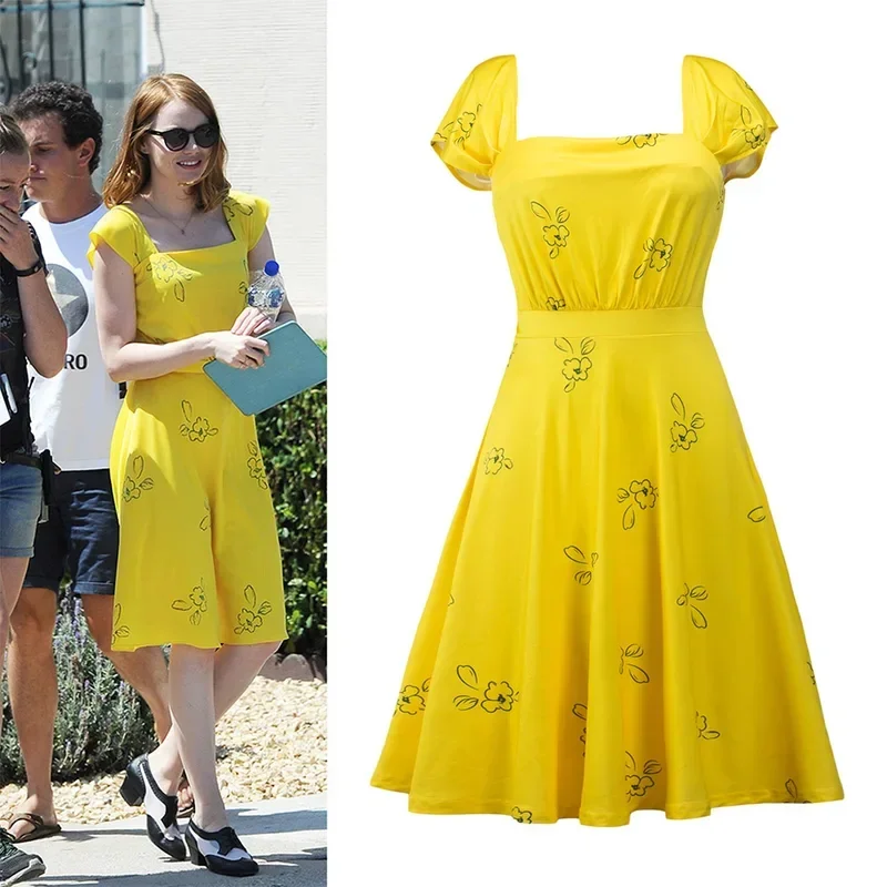 

2018 New La La Land Dress Mia Emma Cosplay Costume Stone Summer Yellow Floral Skater Vestidos For Adults MN1