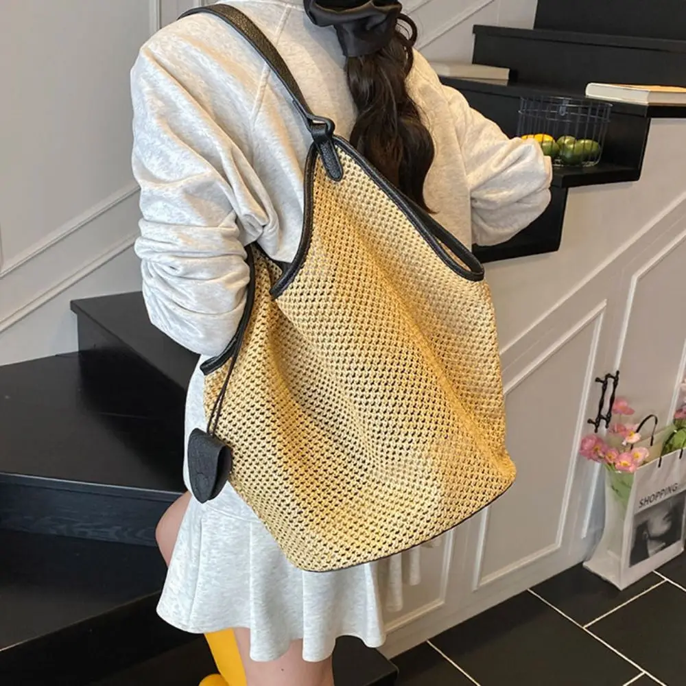 

Hollow Out Straw Woven Bag Parent Shoulder Bag Beach Handbag Bohemian Beach Bag Tote Bagwith Sunglasses Clip Bucket Bag