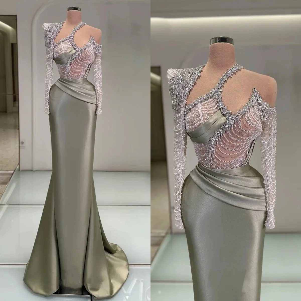 

Luxury Crystal Evening Dresses Rhinestone One Shoulder Prom Dress Beading Long Sleeves Mermaid Party Gowns Vestidos De Noche