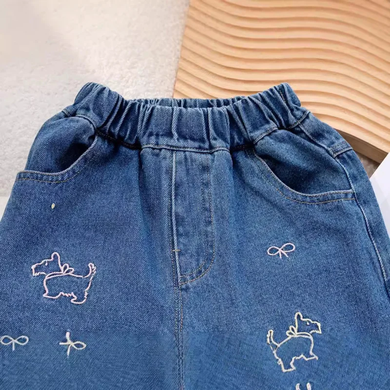 Kxkm-Girls' Autumn Korean Style Cute Cartoon Embroidery Dog Pants24New Baby Fashionable Stylish Wide Leg Jeans