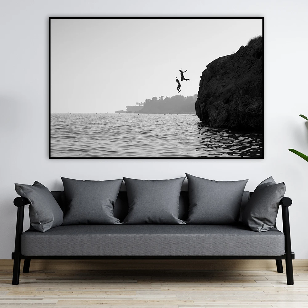 

Funny Black and White Ocean Cliff Jump Photo Minimalist Wall Art Poster Print Canvas Painting For Living Room Home Decor Cuadros