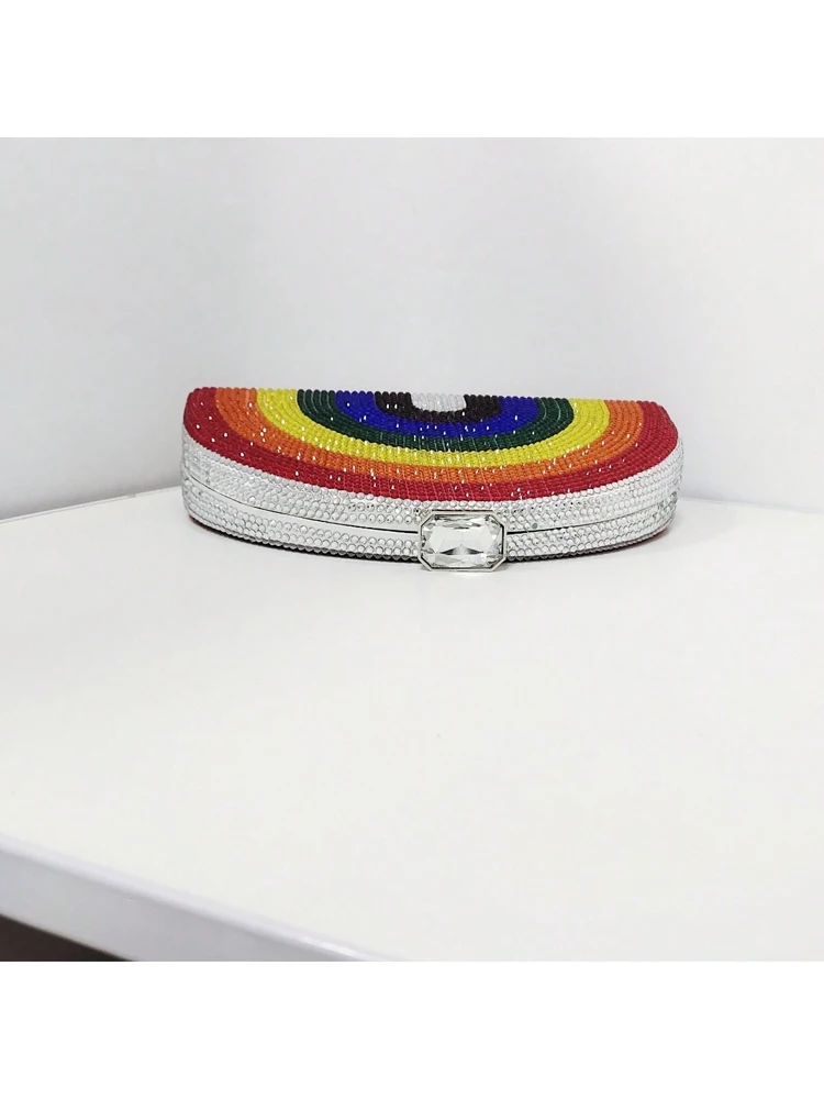 Regenboog Kleur Kristal Avond Clutch Bag Diamant Bruiloft Keten Tas Vrouwen Boutique Halve Maan Strass Portemonnees En Handtassen