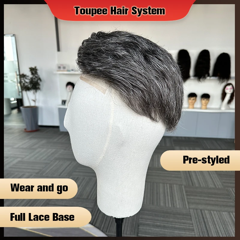 Pre Cut Men\'s Toupee Full Lace Base Human Hair Replacement Toupee System Unit Hair For Men 1B40 Male Wig For Men Hair Prosthesis