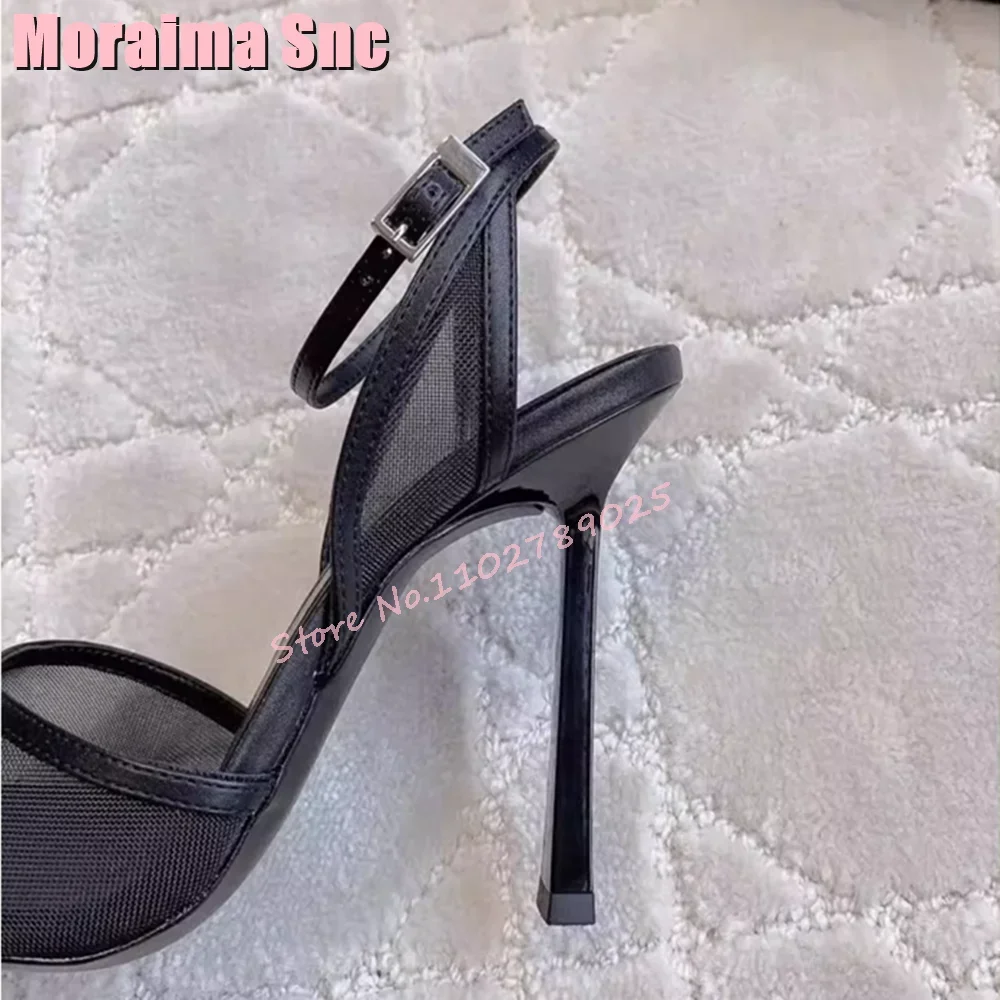 2026 موضة جديدة شبكة براءات الصنادل الجلدية أشار المفتوحة تو الكاحل مشبك أسود مثير النساء فستان أحذية الصيف مأدبة الطرف #6