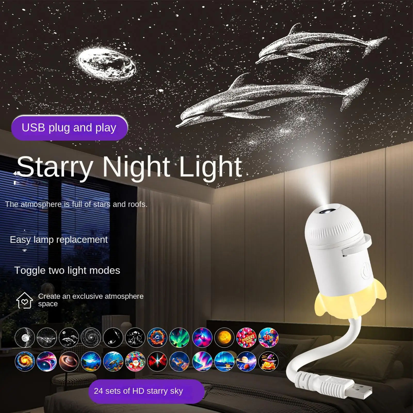 USB Starry Sky Projector Night Light 360 Adjustable Galaxy Atmosphere Lamp for Car Interior Home Bedroom Romantic Nightlight