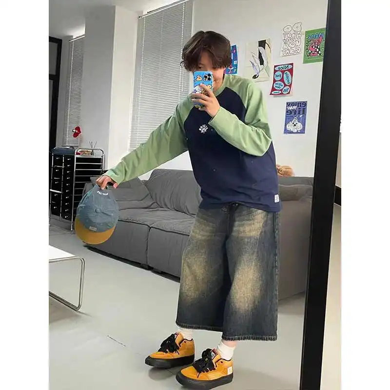 

aduated Blue Jeans Men's Faion Brand Waed Vintage Loose Seven-Five Casual Wide Leg Eight-Five orts Youth Wear