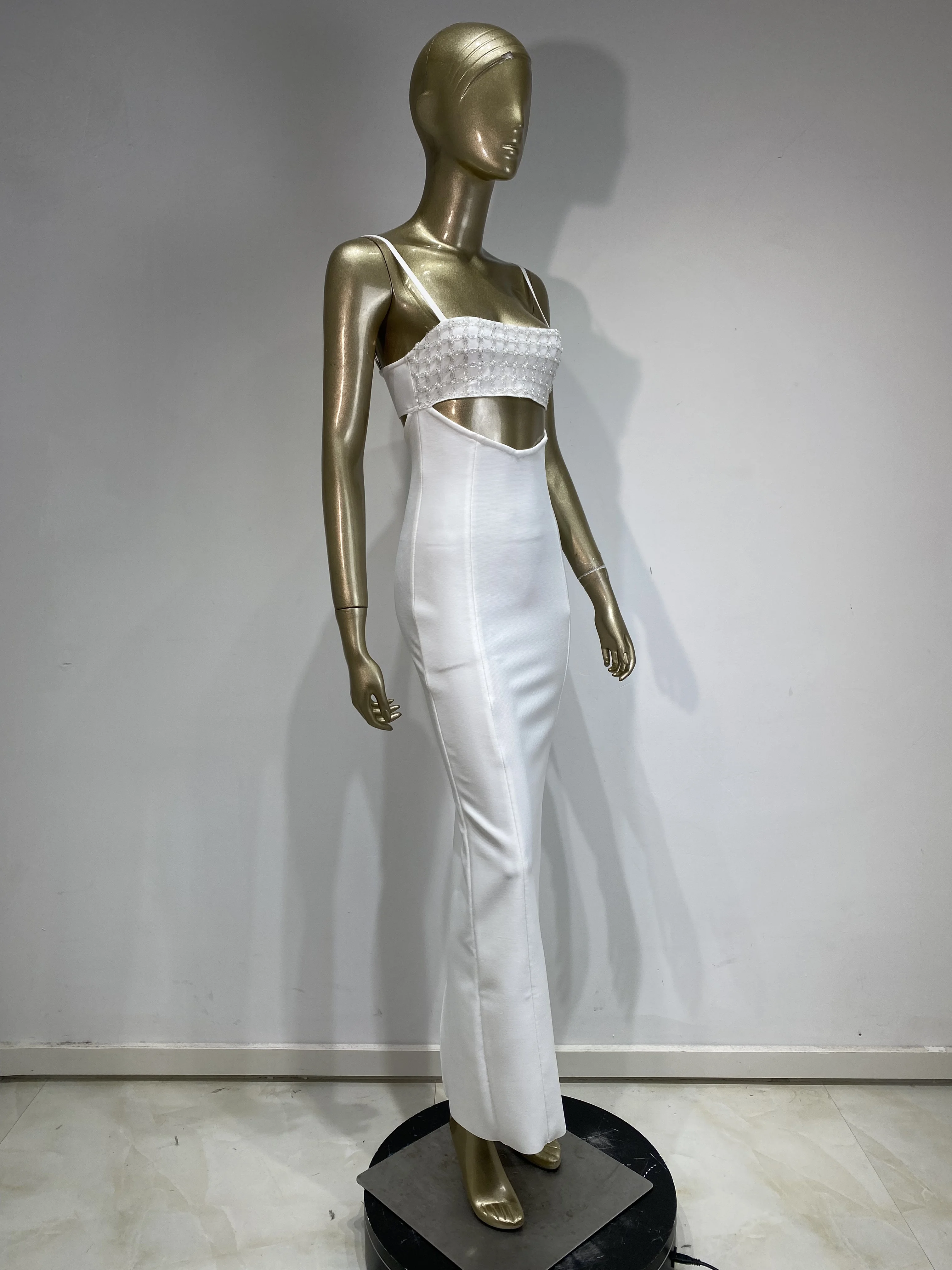 Women Long One-Piece Dress Gown Summer Spaghetti Strap Sequines Bustier Cut Out Maxi Long Celebrity Evening Party Bandage Dress