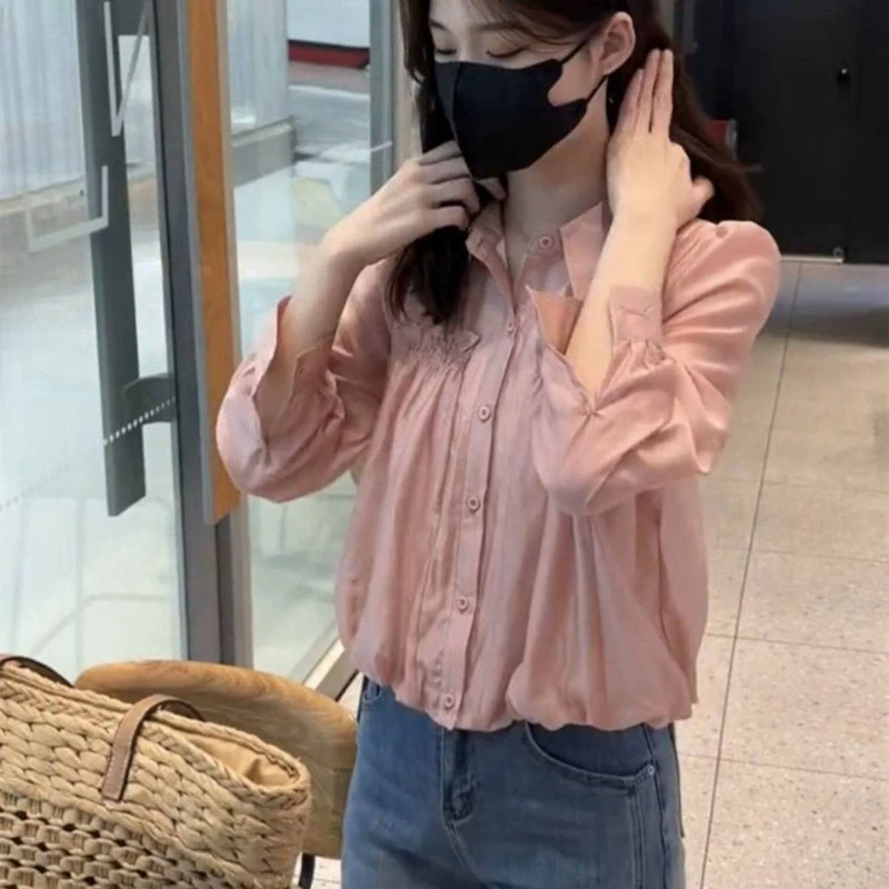Trendy French Sweet Pleated Polo Collar Long Sleeve Shirt Women Spring Unique Design Chic Pretty Blouse