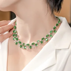 NEW Simulation Green Tourmaline Choker Necklace For Women Wedding Accessories Silver Color Chain European Design Chokers Jewelry