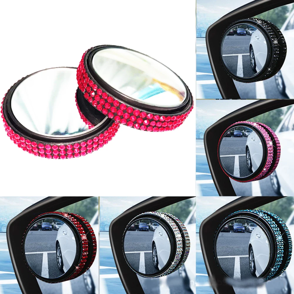 

2pcs Car Rearview Mirrors 360° Blind Spot Adjustable Round Frame Mirror with Diamond decorations.