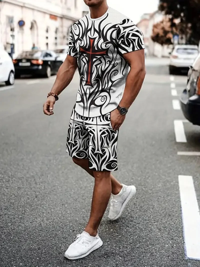 

2025 Latest Hot T-shirt Set 3D Vacation Style Trendy Various Elements Fashionable Street Men's Set Summer Top Shorts Breathable