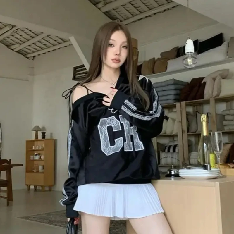 الخريف فضفاض مثير أعلى الأمريكية إلكتروني مطرزة الدانتيل الربط قطري الكتف قبالة الكتف طويلة الأكمام هوديي الشارع المرأة