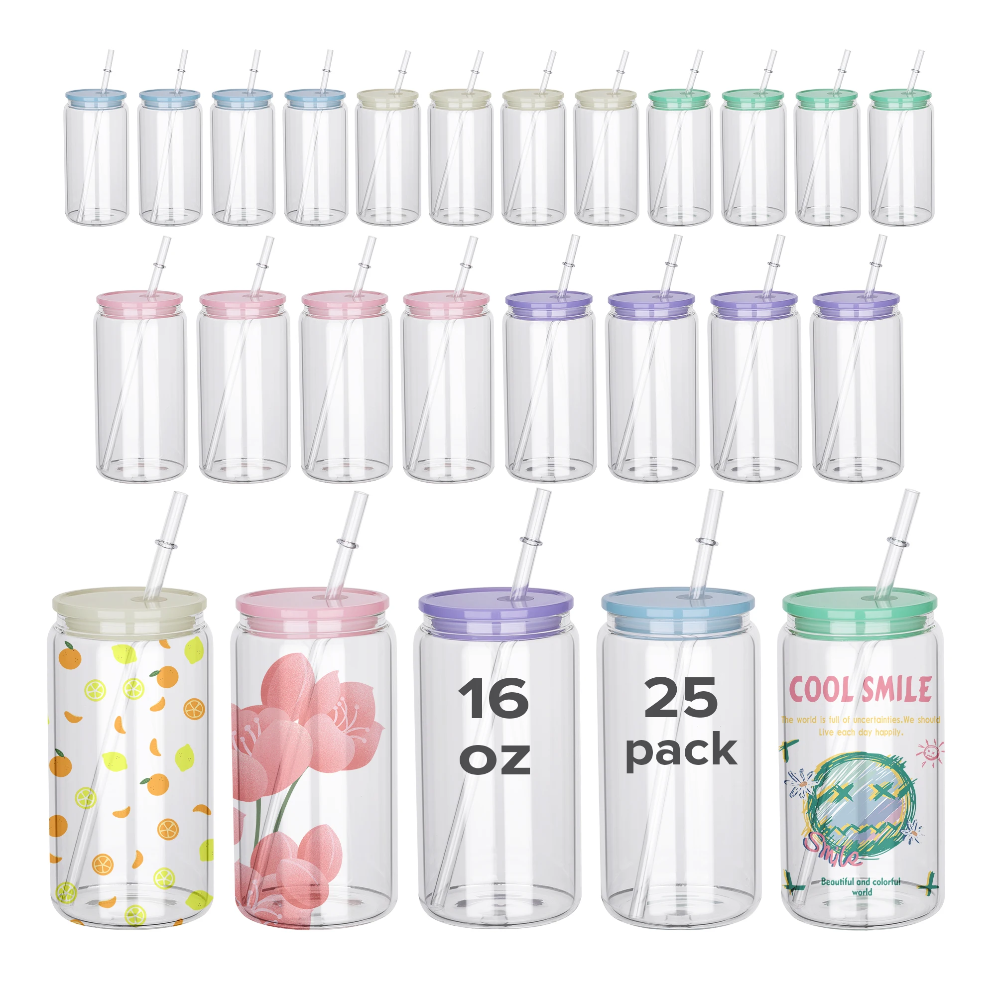 US IN STOCK,25pcs 16oz sublimation glass tumblers,sublimation blank clear cans,colored plastic lid,colors clear jars for travel