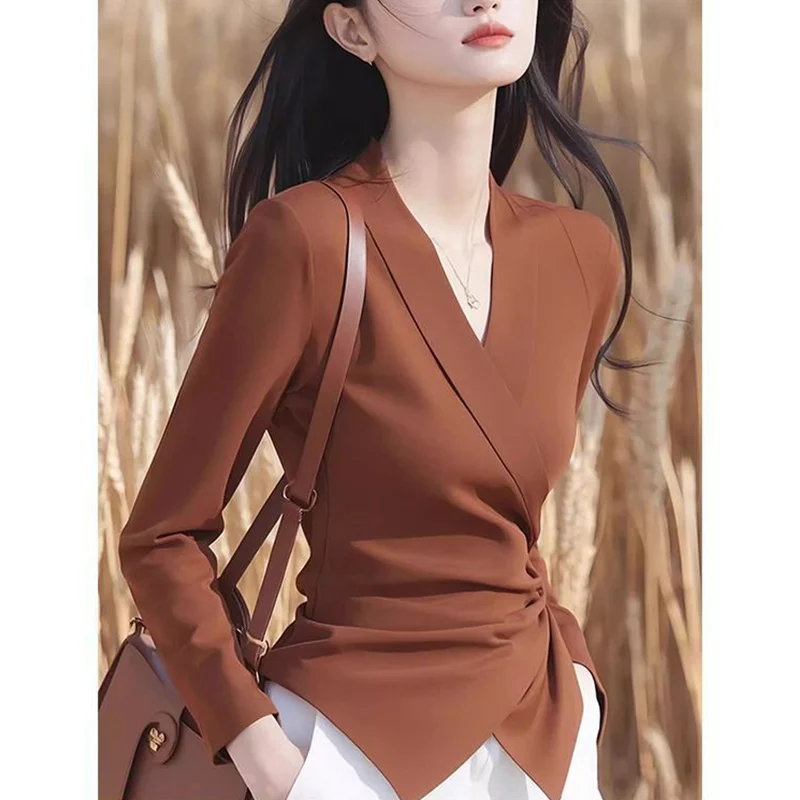 

Весенняя новая женская одежда, офисная женская простая блузка с v-образным вырезом и длинными рукавами, женские темпераментные тонкие плиссированные топы XQ192