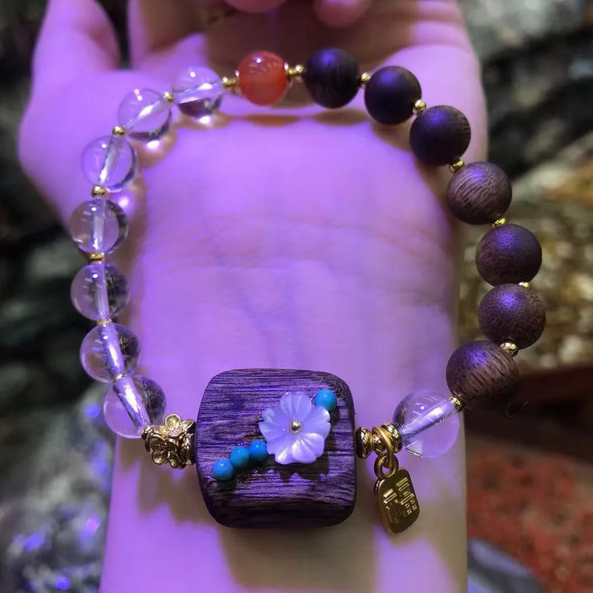 Original Green Kyara Agarwood Natural White Crystal Nanhong Agate Shell Flower Inlay Mala Bracelet Wenwan For Men Women