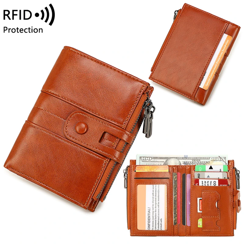 

Fashion RFID Anti-Theft Women's Wallet Double Zipper Retro Leather Card Holder Money Bag Short Coin Pocket Ladies Folding Purse