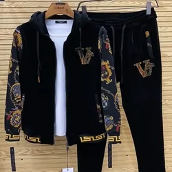 2024 New Men's Spring New Outdoor Pants Fashion Youth Set Gold Velvet Casual Two Piece Set  Veste De Costume Homme Sweatpants