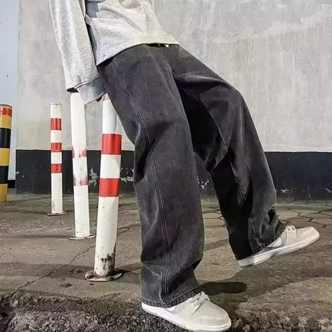 Jean ample pour hommes, Streetwear, Style coréen, mode, ample, droit, jambes larges, vêtements de marque, noir, bleu clair, nouvelle collection 2025