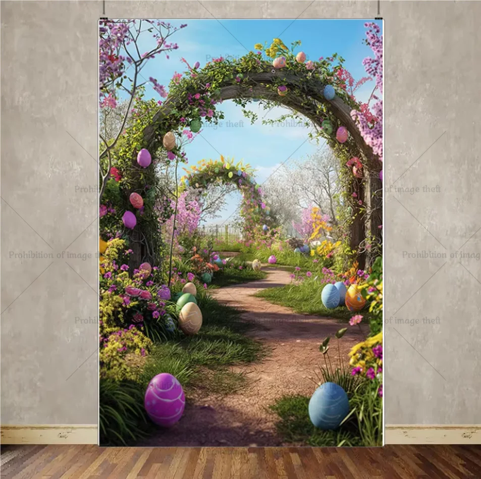 Easter Fantasy Theme Background Green Arches Path Colorful Eggs Party Decoration Children Portrait Gift Banner Shooting Prop