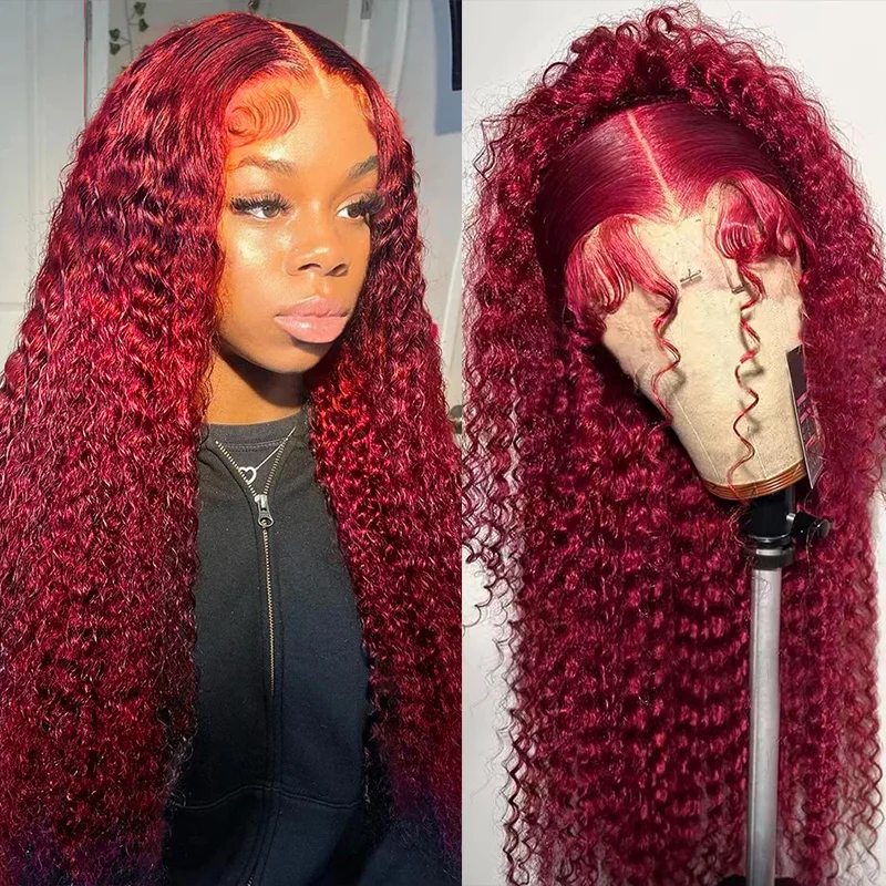 

30 40 Inch 99J Burgundy 13x6 Hd Lace Frontal Human Hair Wig Red Colored 13x4 Transparent Lace Curly Deep Wave Frontal Wig 4x4 5x