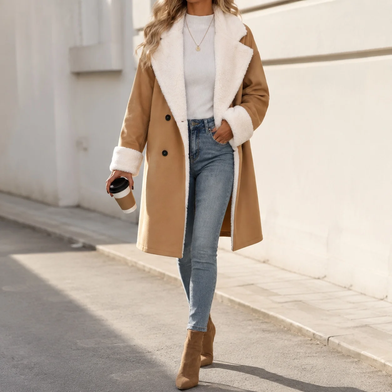 Casual Long Length Coat Regular Fit Elegant Commuter with Half Open Collar Double Breasted Two Button Closure Winter Women Coat