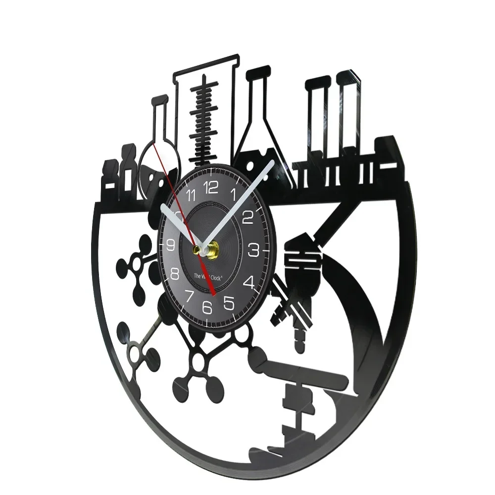 Chemical Experiment Vinyl Record Wall Clock Chemistry Microscope Bunsen Burner Retro Wall Watch Laboratory Science Decor Watch view 2