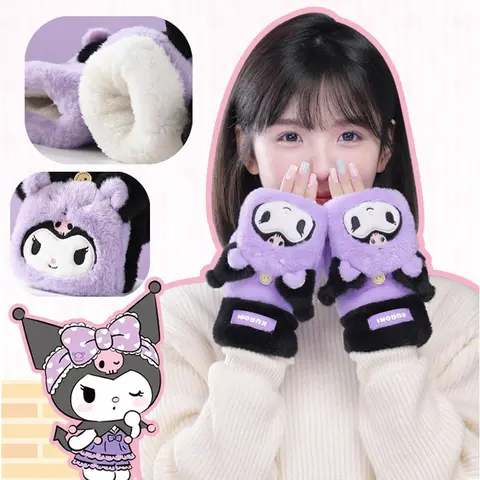 Cold-Proof Glove My Melody Adult Plush Glove Kawaii Kuromi Gloves Flip Half Finger Screen Touch Warm Gloves Winter Gift