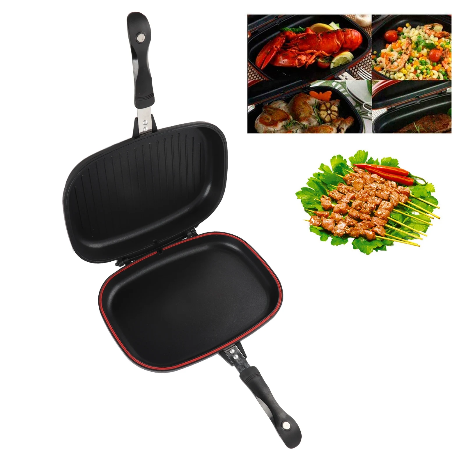 

32cm/12.6in Grill Pan Frying Double Side Portable Anti‑Burn Handle Kitchen Supplies Grill Pot