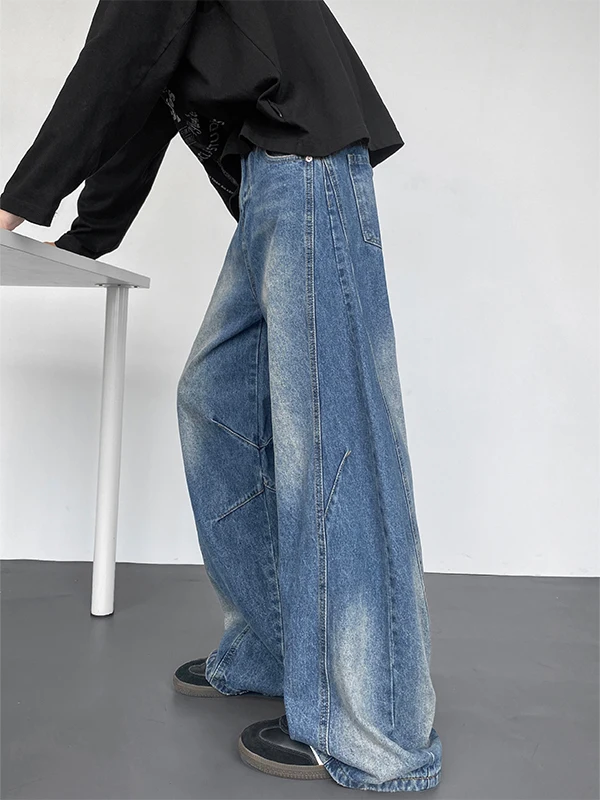 

American Retro Waed Knife Wide Leg Jeans Men's Casual Loose Straight Cut Denim Pants Spring Season High Waist Zipper C...