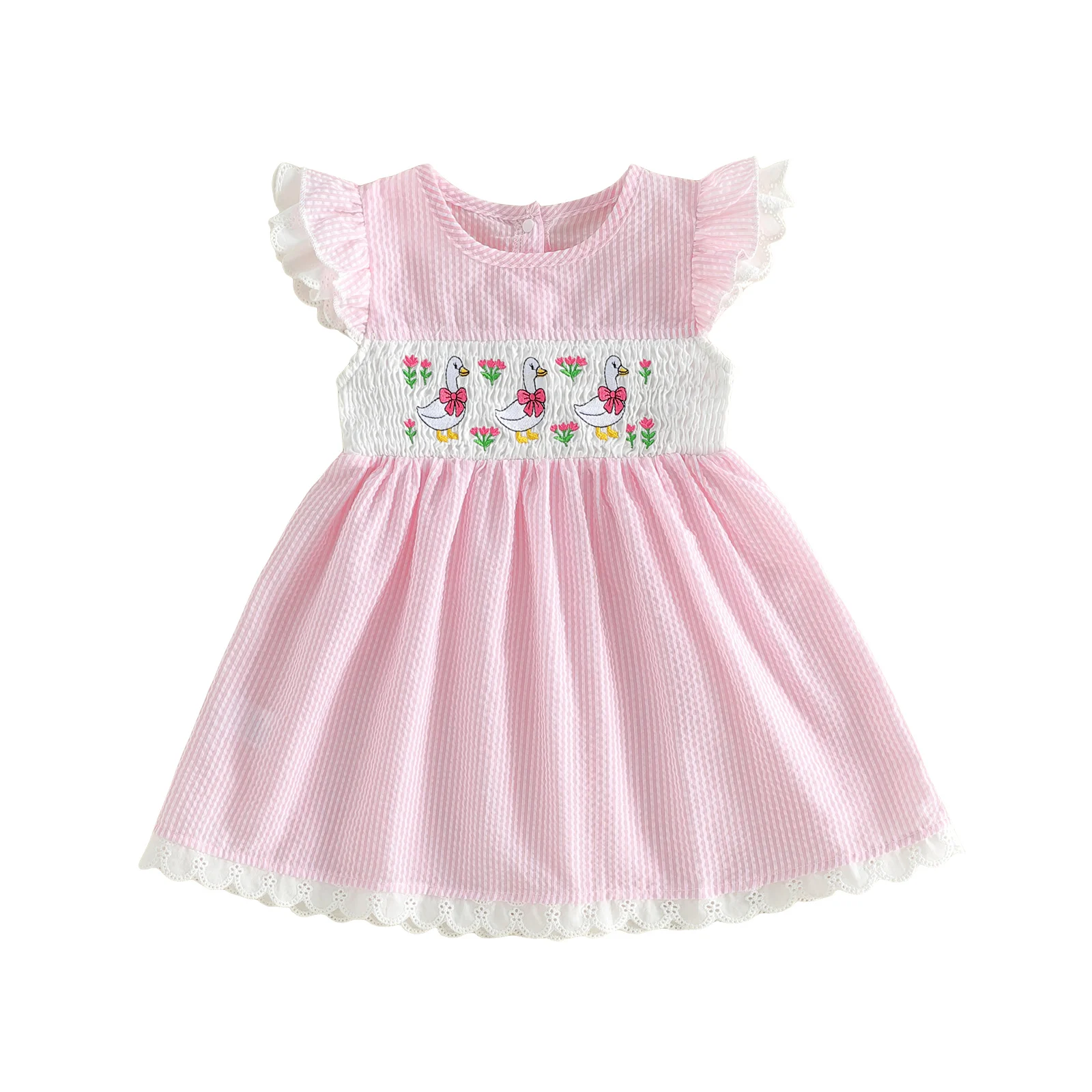 Toddler Girls Dress Flower Goose Embroidered Lace Trim Crew Neck Fly Sleeve Casual Dress Kids Summer Dress