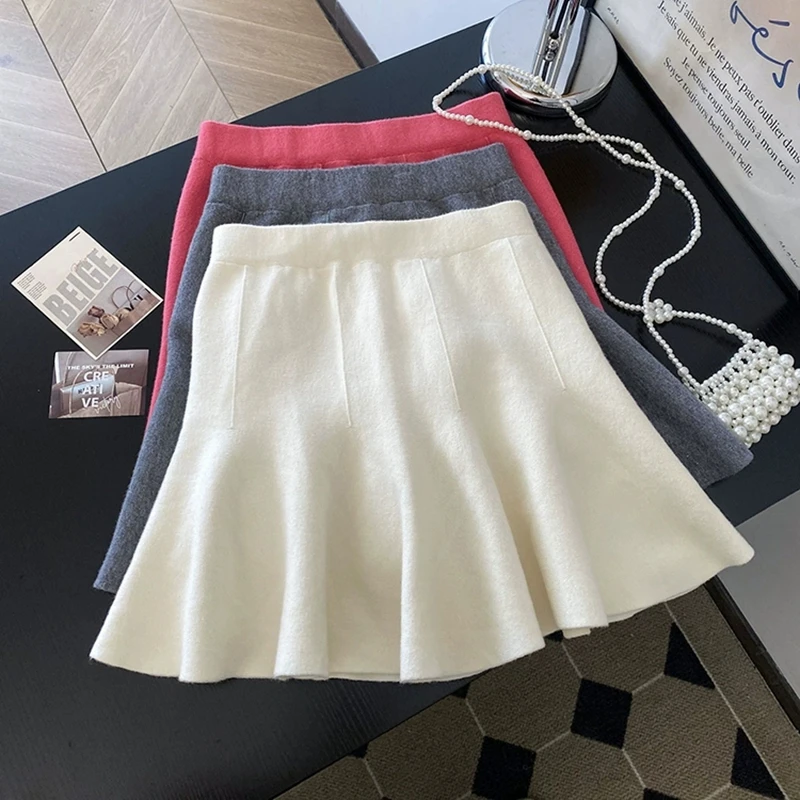 

Осенне-зимняя вязаная юбка-зонтик, женская однотонная короткая мини-юбка трапециевидной формы с высокой талией