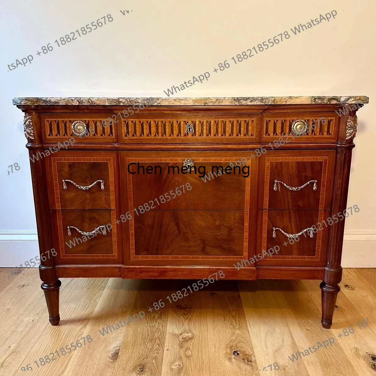 

Vintage entrance cabinet old marble countertop, neoclassical handmade chest of drawers, solid wood