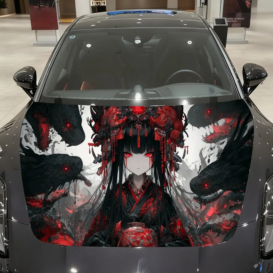

Red-eyed Miko with Wolves Surrounding Car Vinyl Wrap, PVC Material Waterproof Car Hood Sticker, Self-Adhesive Scratch-Resistant